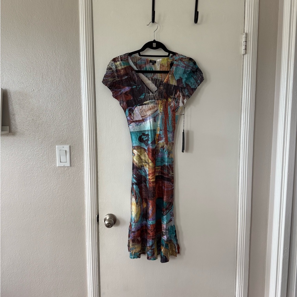 Komarov Blue and Gold Abstract Midi Dress